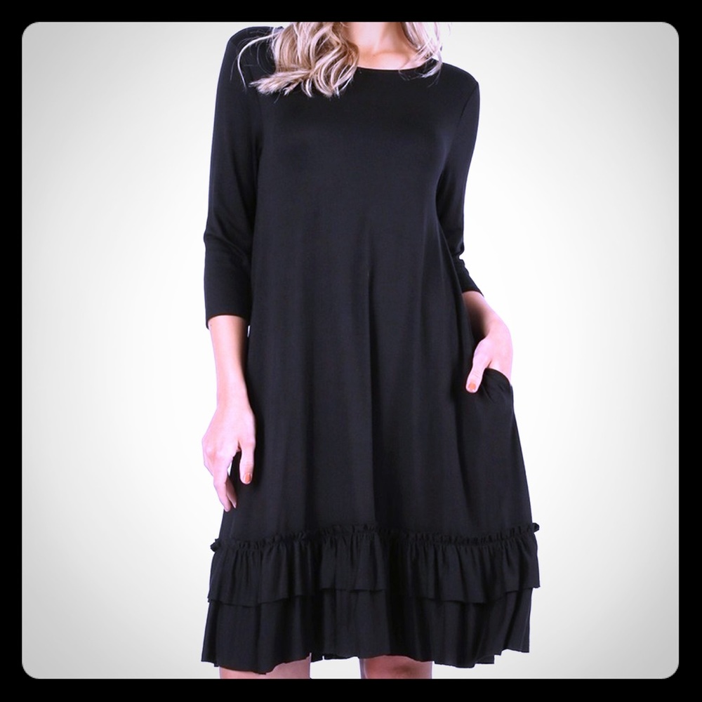 Black 3/4 Sleeve Dress with Ruffled Hem